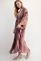Easel Cream & Blue Printed Bell Sleeve Maxi Duster Dress-Maxi Dresses-Easel-Deja Nu Boutique, Women's Fashion Boutique in Lampasas, Texas