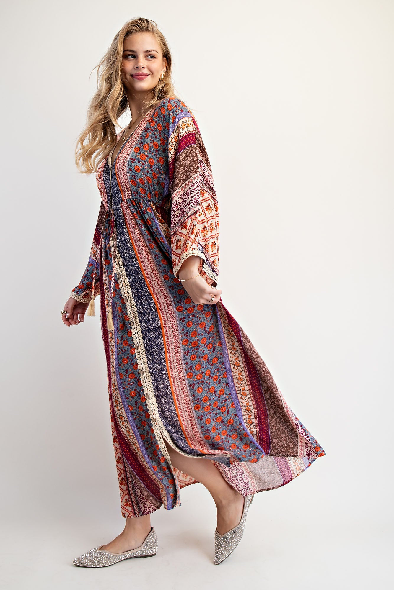 Easel Cream & Blue Printed Bell Sleeve Maxi Duster Dress-Maxi Dresses-Easel-Deja Nu Boutique, Women's Fashion Boutique in Lampasas, Texas