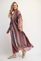 Easel Cream & Blue Printed Bell Sleeve Maxi Duster Dress-Maxi Dresses-Easel-Deja Nu Boutique, Women's Fashion Boutique in Lampasas, Texas