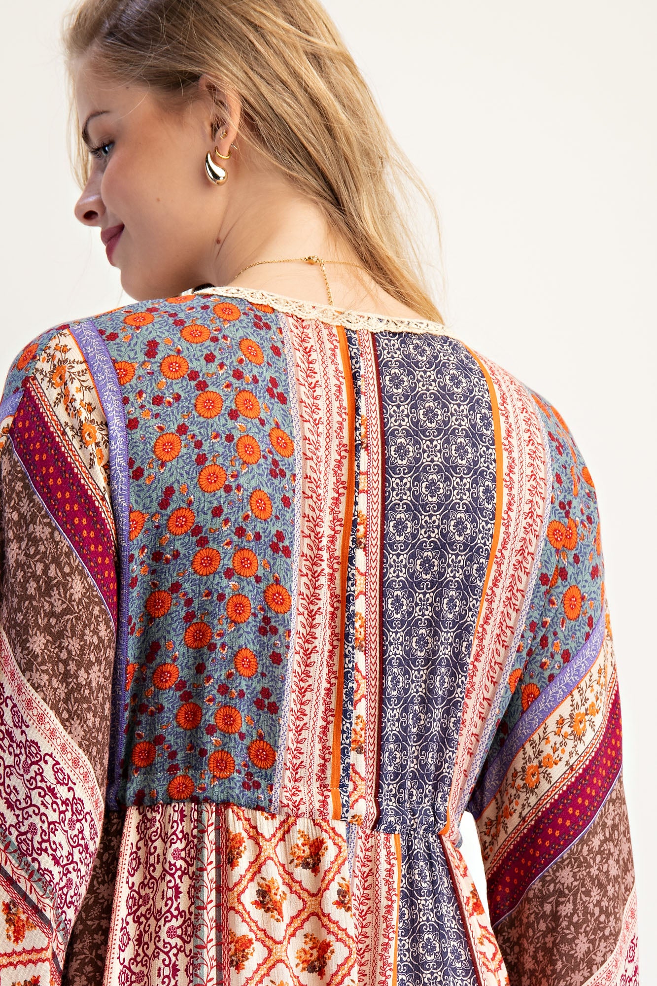 Easel Cream & Blue Printed Bell Sleeve Maxi Duster Dress-Maxi Dresses-Easel-Deja Nu Boutique, Women's Fashion Boutique in Lampasas, Texas