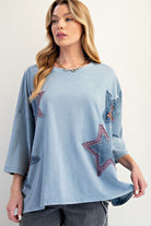 Easel Denim Blue Mineral Wash Star Patch Top-Tops-Easel-Deja Nu Boutique, Women's Fashion Boutique in Lampasas, Texas