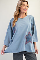 Easel Denim Blue Mineral Wash Star Patch Top-Tops-Easel-Deja Nu Boutique, Women's Fashion Boutique in Lampasas, Texas