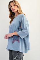 Easel Denim Blue Mineral Wash Star Patch Top-Tops-Easel-Deja Nu Boutique, Women's Fashion Boutique in Lampasas, Texas
