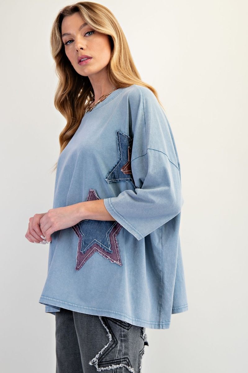 Easel Denim Blue Mineral Wash Star Patch Top-Tops-Easel-Deja Nu Boutique, Women's Fashion Boutique in Lampasas, Texas