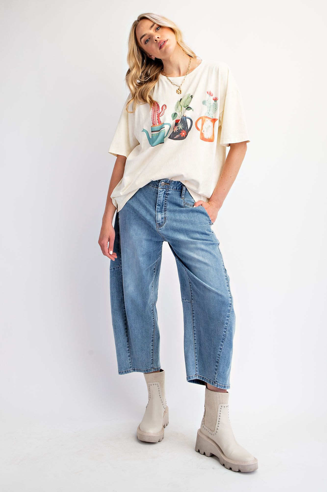 Easel Ecru T-Shirt With Graphic Cactus Planted In Tea Pots-Tops-Easel-Deja Nu Boutique, Women's Fashion Boutique in Lampasas, Texas