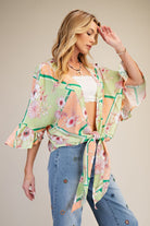Easel Floral Peach Blossom Kimono Tie Shrug in Sage & Coral-Cardigans & Kimonos-Easel-Deja Nu Boutique, Women's Fashion Boutique in Lampasas, Texas