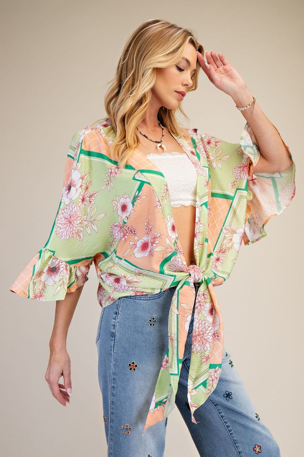Easel Floral Peach Blossom Kimono Tie Shrug in Sage & Coral-Cardigans & Kimonos-Easel-Deja Nu Boutique, Women's Fashion Boutique in Lampasas, Texas