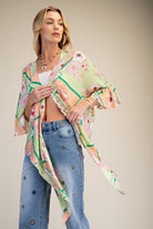 Easel Floral Peach Blossom Kimono Tie Shrug in Sage & Coral-Cardigans & Kimonos-Easel-Deja Nu Boutique, Women's Fashion Boutique in Lampasas, Texas