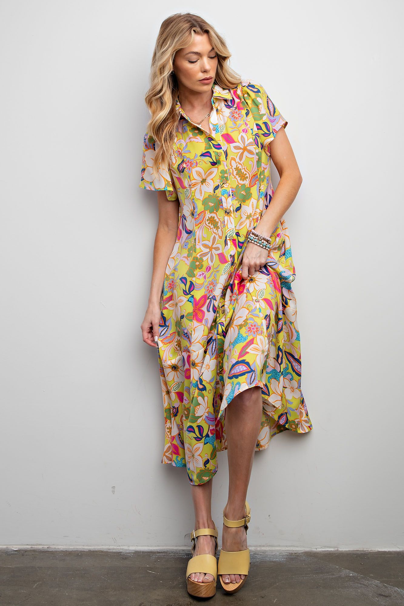 Easel Floral Print Mirabelle Satin Shirt Maxi Dress In Pineapple Plus-Curvy/Plus Dresses-Easel-Deja Nu Boutique, Women's Fashion Boutique in Lampasas, Texas