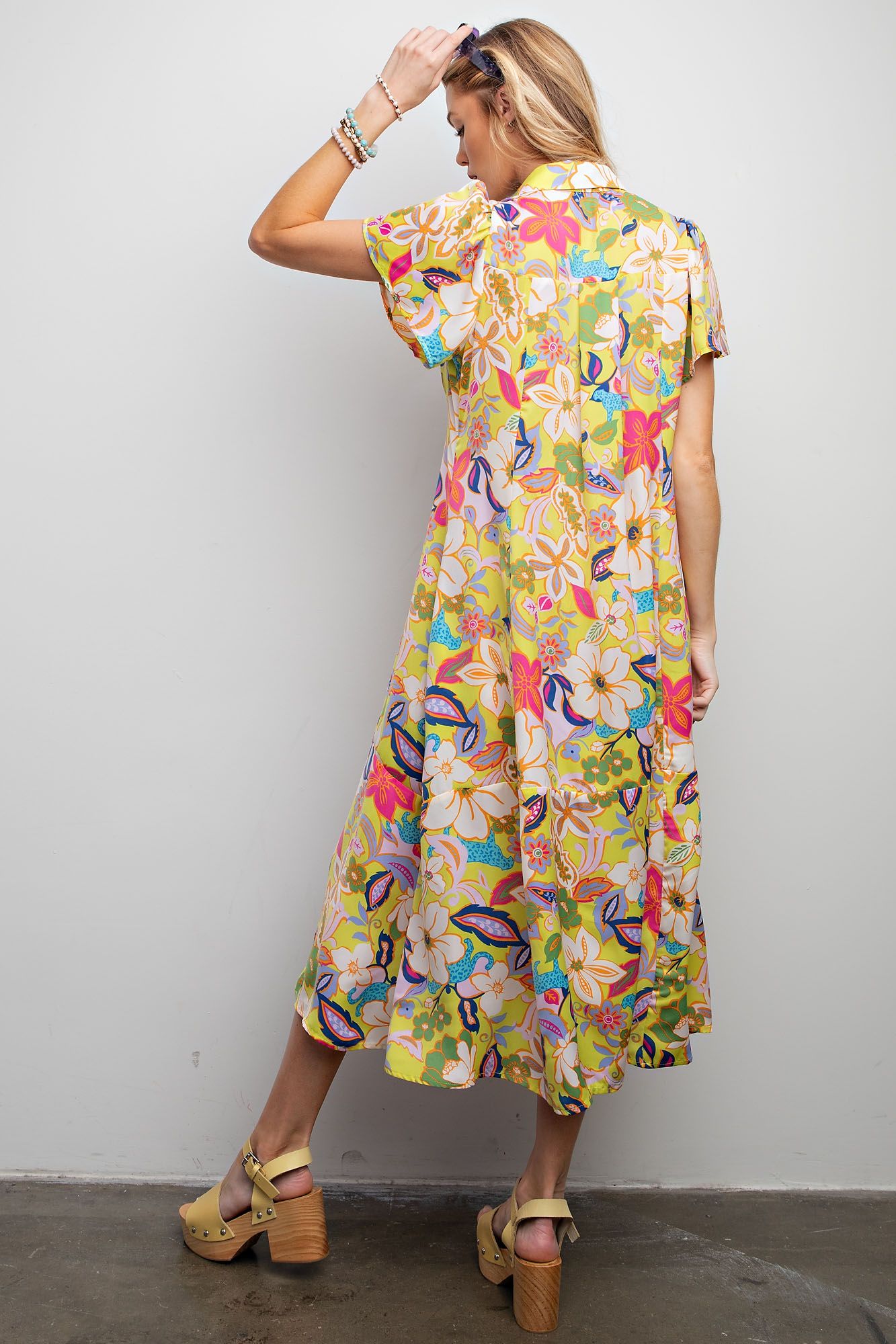 Easel Floral Print Mirabelle Satin Shirt Maxi Dress In Pineapple Plus-Curvy/Plus Dresses-Easel-Deja Nu Boutique, Women's Fashion Boutique in Lampasas, Texas