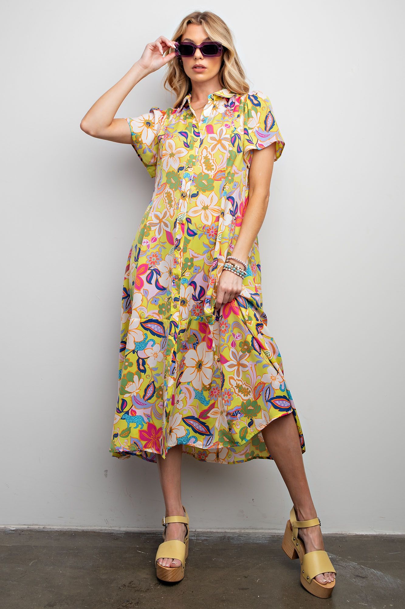 Easel Floral Print Mirabelle Satin Shirt Maxi Dress In Pineapple Plus-Curvy/Plus Dresses-Easel-Deja Nu Boutique, Women's Fashion Boutique in Lampasas, Texas