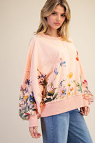Easel Floral Printed Mineral Washed Terry Knit Pullover in Coral-Tops-Easel-Deja Nu Boutique, Women's Fashion Boutique in Lampasas, Texas