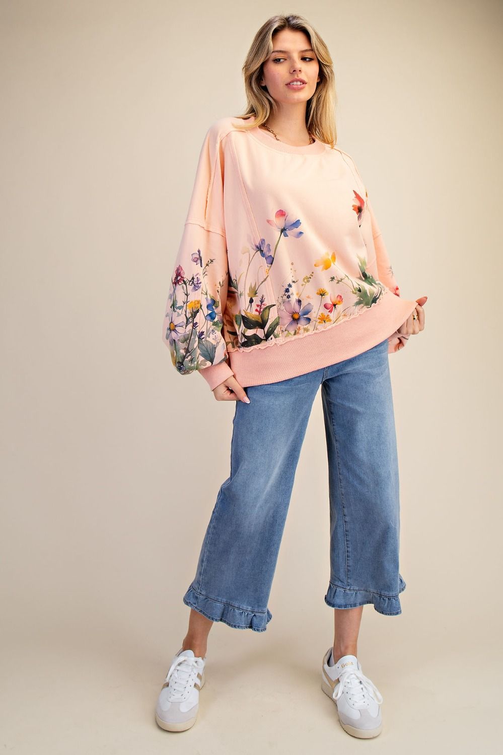 Easel Floral Printed Mineral Washed Terry Knit Pullover in Coral-Tops-Easel-Deja Nu Boutique, Women's Fashion Boutique in Lampasas, Texas