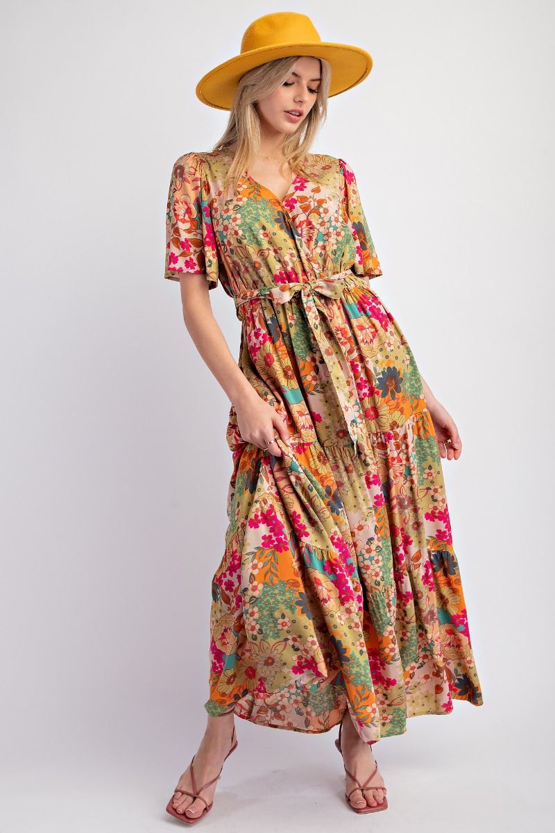 Easel Floral Printed Rayon Challis Maxi Dress In Sage-Maxi Dresses-Easel-Deja Nu Boutique, Women's Fashion Boutique in Lampasas, Texas
