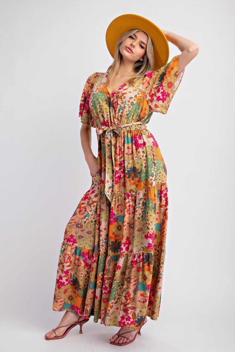 Easel Floral Printed Rayon Challis Maxi Dress In Sage-Maxi Dresses-easel-Deja Nu Boutique, Women's Fashion Boutique in Lampasas, Texas