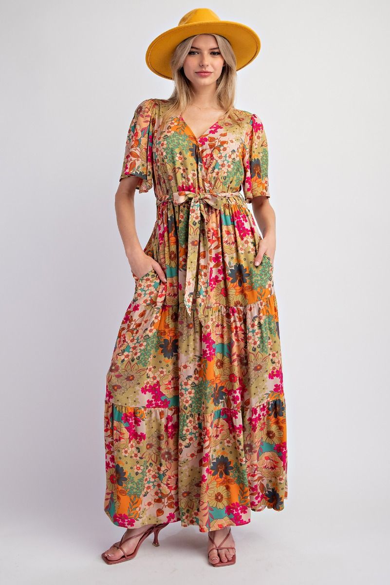 Easel Floral Printed Rayon Challis Maxi Dress In Sage-Maxi Dresses-Easel-Deja Nu Boutique, Women's Fashion Boutique in Lampasas, Texas