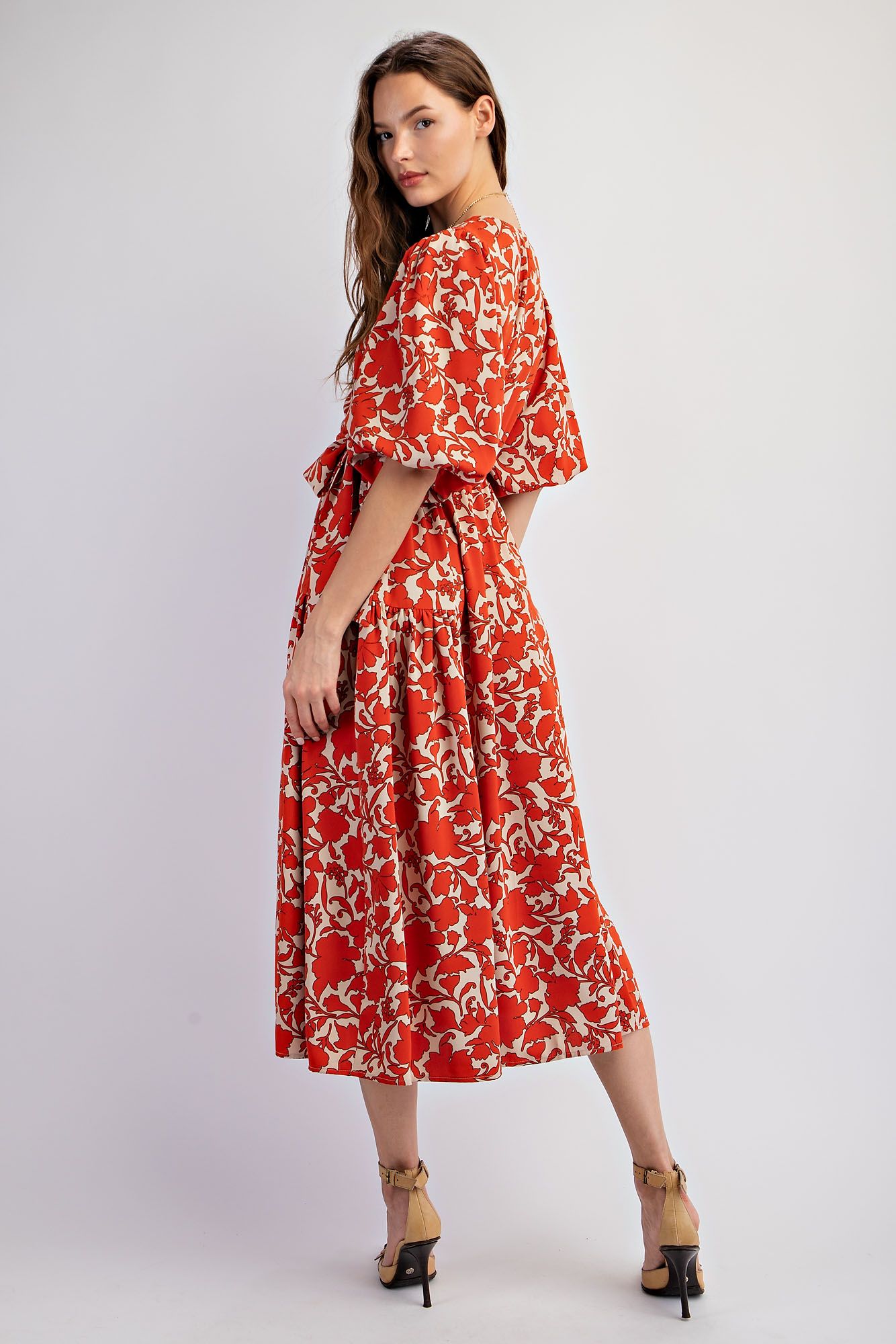 Easel Floral Printed Sophia Twill Surplus Midi Dress In Cinnamon Dough-Midi Dresses-Easel-Deja Nu Boutique, Women's Fashion Boutique in Lampasas, Texas