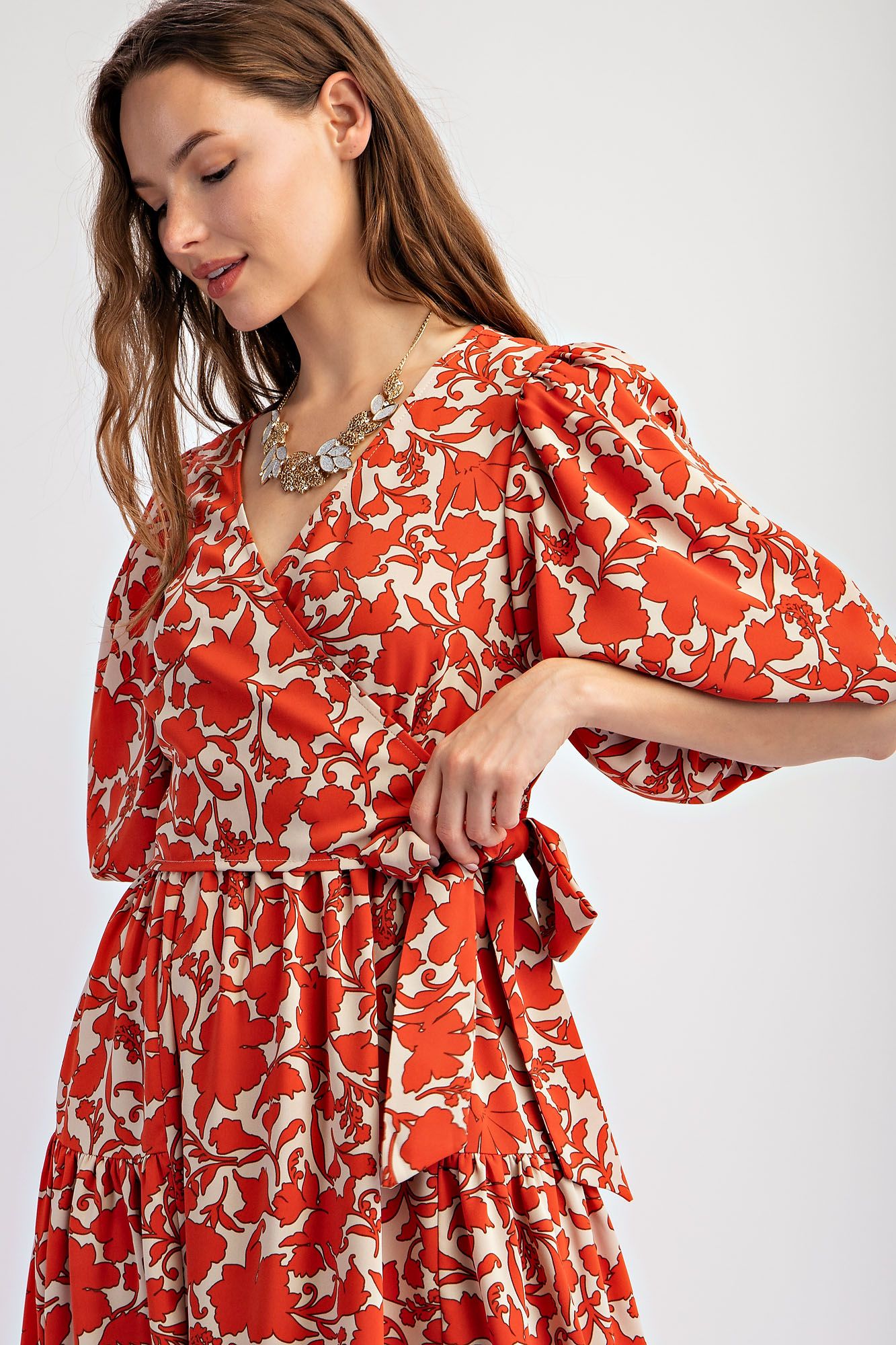 Easel Floral Printed Sophia Twill Surplus Midi Dress In Cinnamon Dough-Midi Dresses-Easel-Deja Nu Boutique, Women's Fashion Boutique in Lampasas, Texas