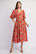 Easel Floral Printed Sophia Twill Surplus Midi Dress In Cinnamon Dough-Midi Dresses-Easel-Deja Nu Boutique, Women's Fashion Boutique in Lampasas, Texas