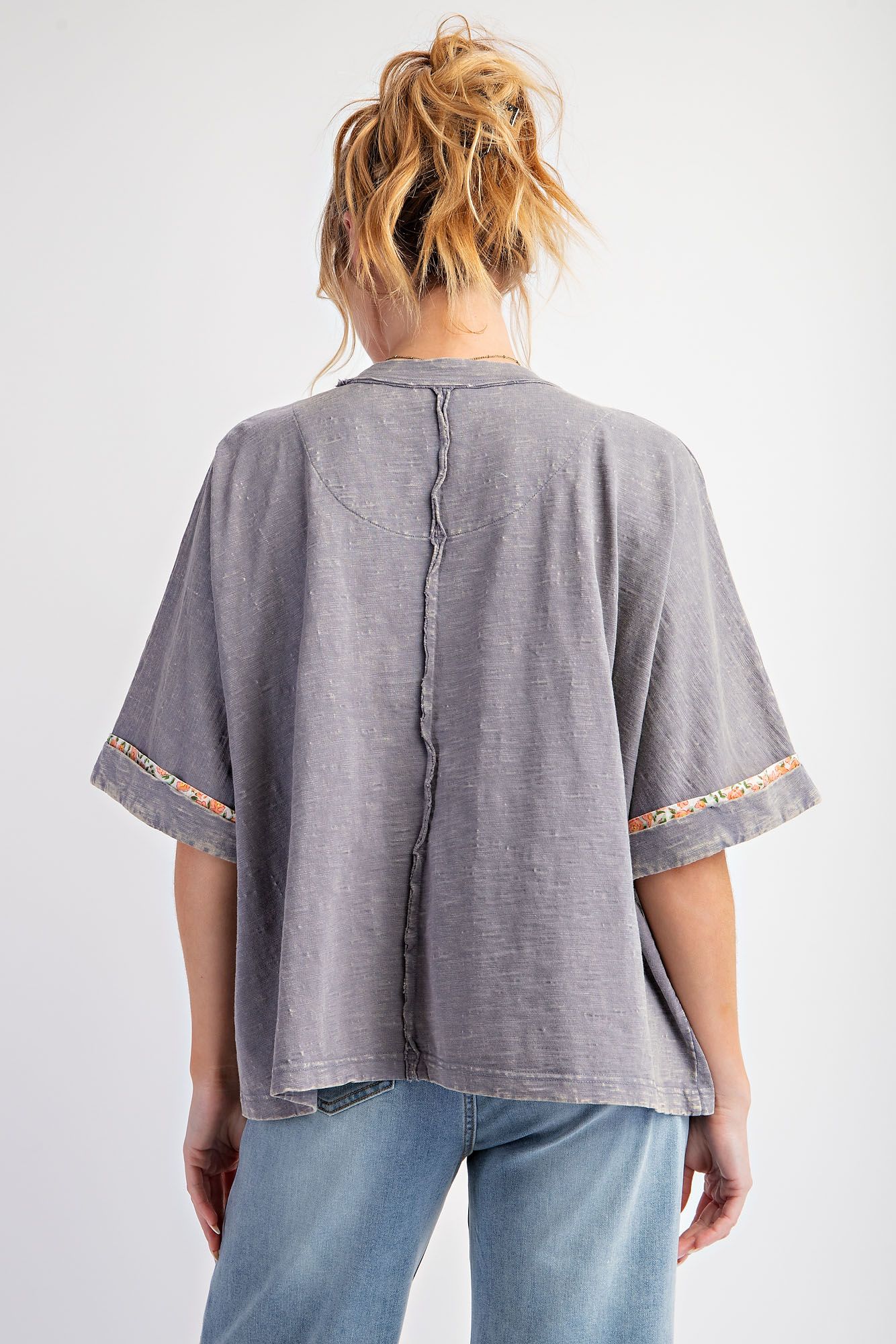 Easel Flower Patch Boho Washed Cotton Slub Top In Slate-Tops-Easel-Deja Nu Boutique, Women's Fashion Boutique in Lampasas, Texas