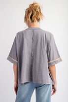 Easel Flower Patch Boho Washed Cotton Slub Top In Slate-Tops-Easel-Deja Nu Boutique, Women's Fashion Boutique in Lampasas, Texas