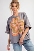 Easel Flower Patch Boho Washed Cotton Slub Top In Slate-Tops-Easel-Deja Nu Boutique, Women's Fashion Boutique in Lampasas, Texas