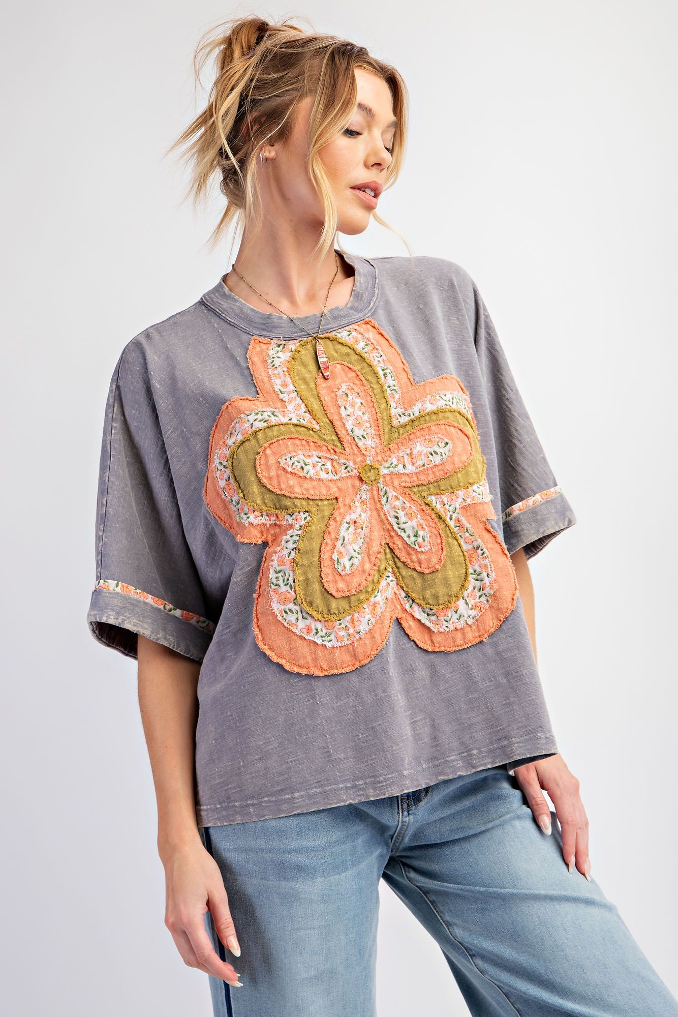 Easel Flower Patch Boho Washed Cotton Slub Top In Slate-Tops-Easel-Deja Nu Boutique, Women's Fashion Boutique in Lampasas, Texas