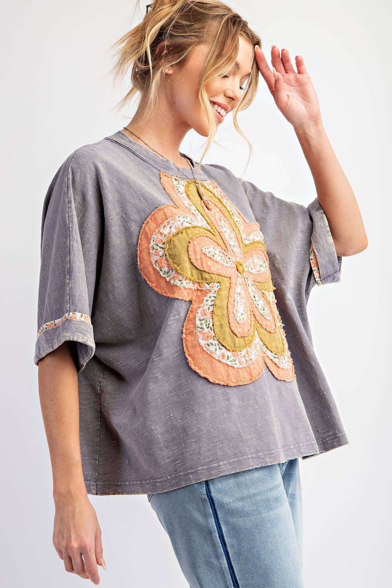 Easel Flower Patch Boho Washed Cotton Slub Top In Slate-Tops-Easel-Deja Nu Boutique, Women's Fashion Boutique in Lampasas, Texas