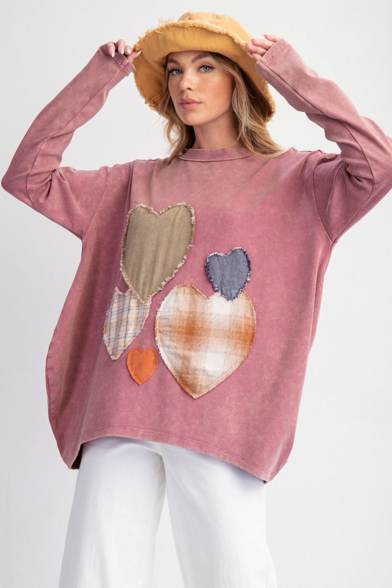 Easel Heart Patch Mineral Washed Knit Top In Mauve-Tops-Easel-Deja Nu Boutique, Women's Fashion Boutique in Lampasas, Texas