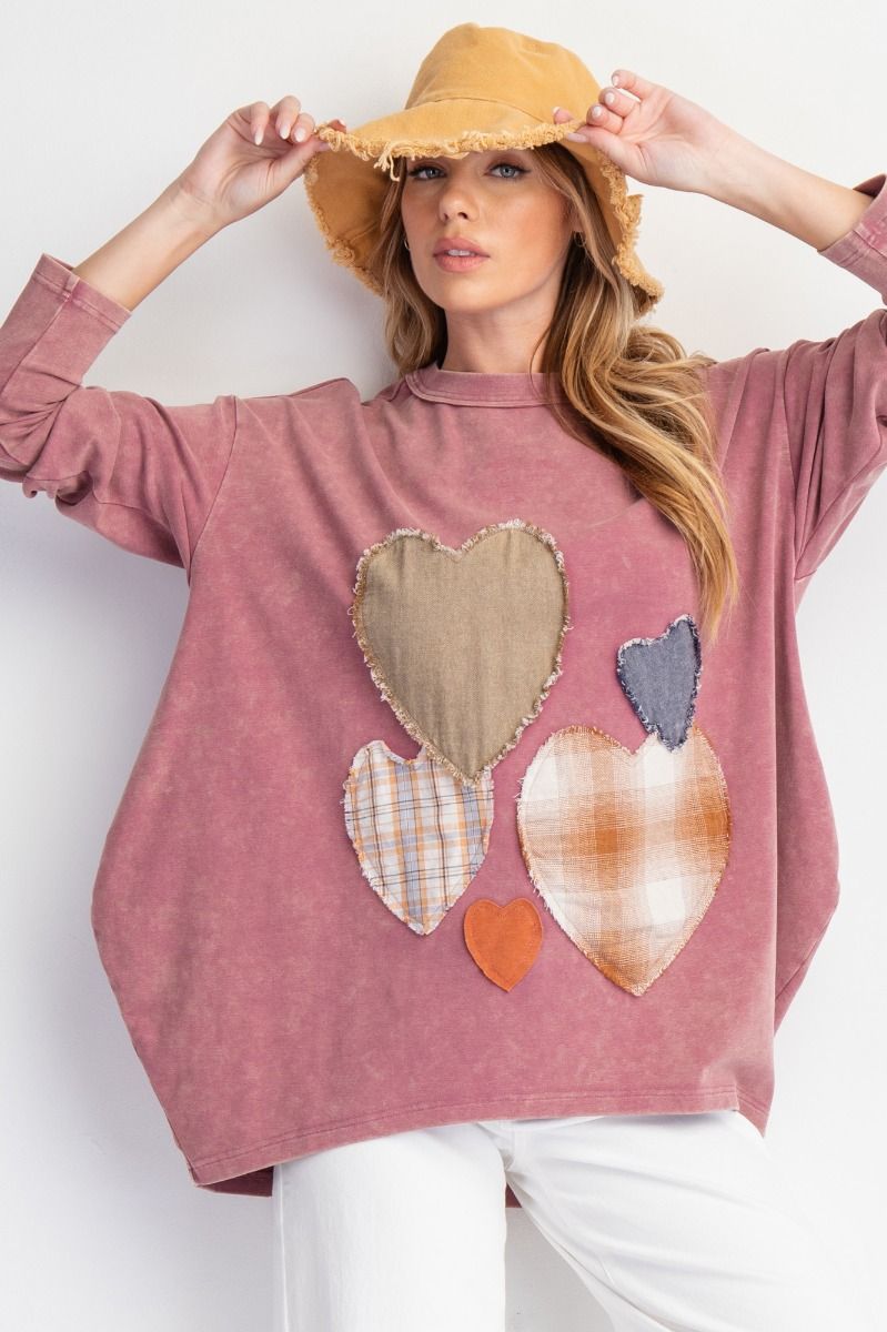 Easel Heart Patch Mineral Washed Knit Top In Mauve-Tops-Easel-Deja Nu Boutique, Women's Fashion Boutique in Lampasas, Texas