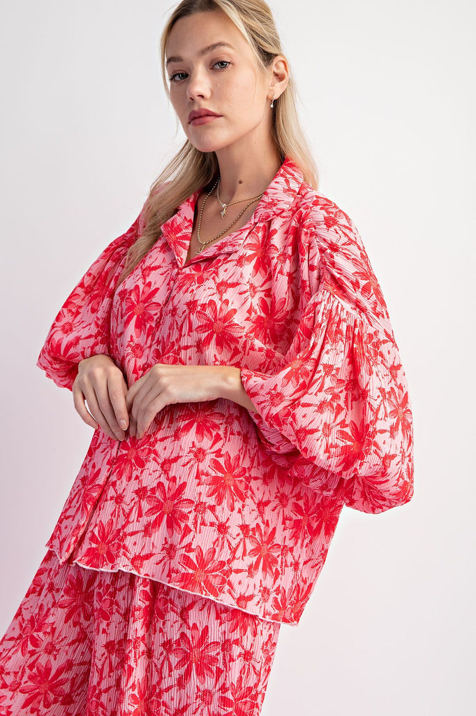 Easel Hot Pink & Red Floral Puff Sleeve Crinkled Poly Button-Down: A Playful Summer Delight!-Tops-Easel-Deja Nu Boutique, Women's Fashion Boutique in Lampasas, Texas