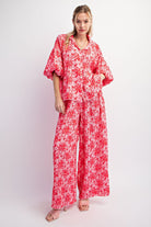 Easel Hot Pink & Red Floral Puff Sleeve Crinkled Poly Button-Down: A Playful Summer Delight!-Tops-Easel-Deja Nu Boutique, Women's Fashion Boutique in Lampasas, Texas