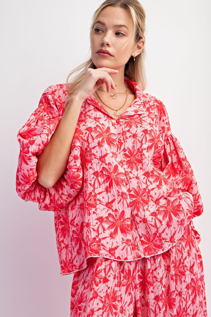 Easel Hot Pink & Red Floral Puff Sleeve Crinkled Poly Button-Down: A Playful Summer Delight!-Tops-Easel-Deja Nu Boutique, Women's Fashion Boutique in Lampasas, Texas