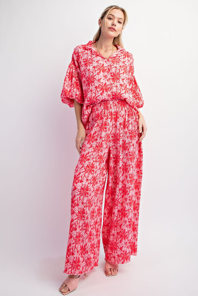 Easel Hot Pink & Red Floral Crinkled Poly Wide Leg Pant: A Stylish Summer Bloom-Bottoms-Easel-Deja Nu Boutique, Women's Fashion Boutique in Lampasas, Texas