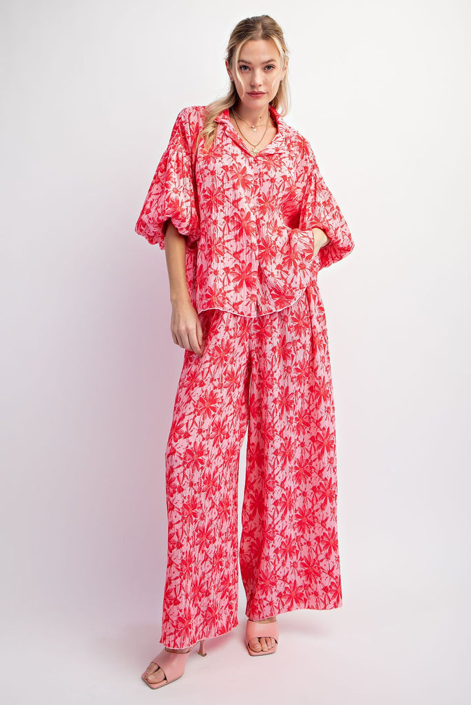 Easel Hot Pink & Red Floral Crinkled Poly Wide Leg Pant: A Stylish Summer Bloom-Bottoms-Easel-Deja Nu Boutique, Women's Fashion Boutique in Lampasas, Texas