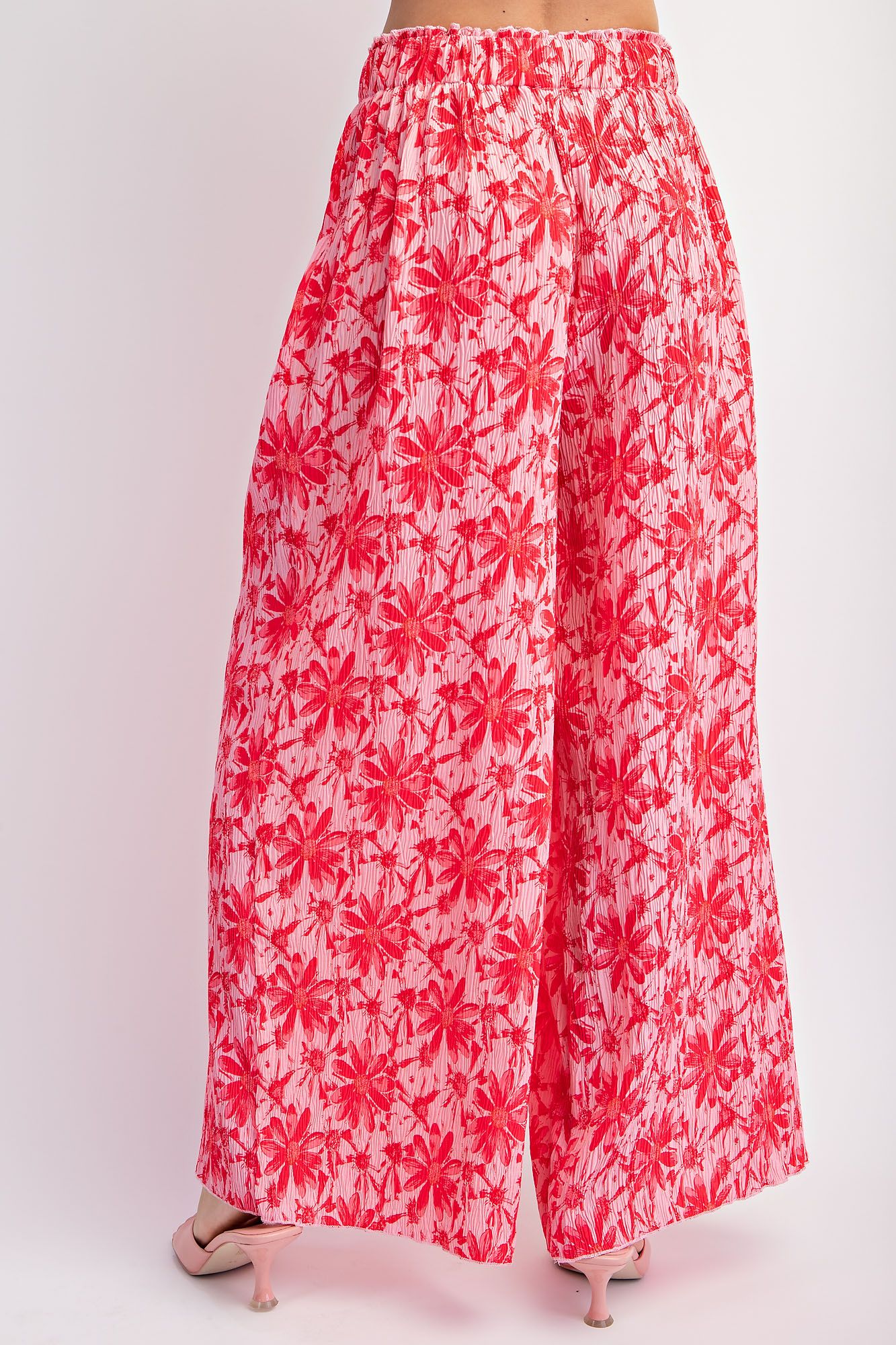 Easel Hot Pink & Red Floral Crinkled Poly Wide Leg Pant: A Stylish Summer Bloom-Bottoms-Easel-Deja Nu Boutique, Women's Fashion Boutique in Lampasas, Texas