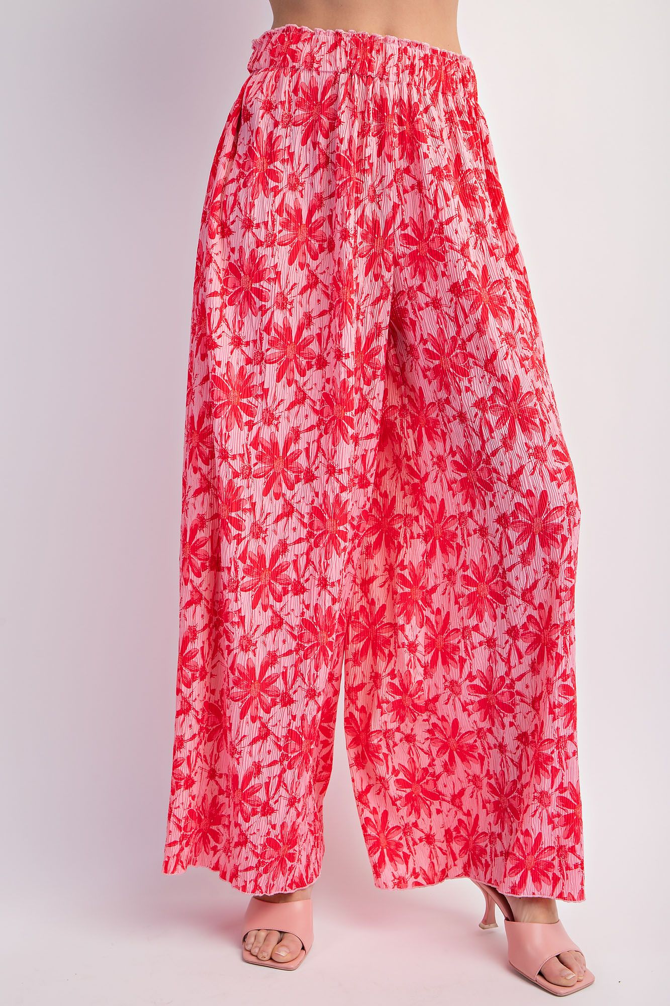 Easel Hot Pink & Red Floral Crinkled Poly Wide Leg Pant: A Stylish Summer Bloom-Bottoms-Easel-Deja Nu Boutique, Women's Fashion Boutique in Lampasas, Texas