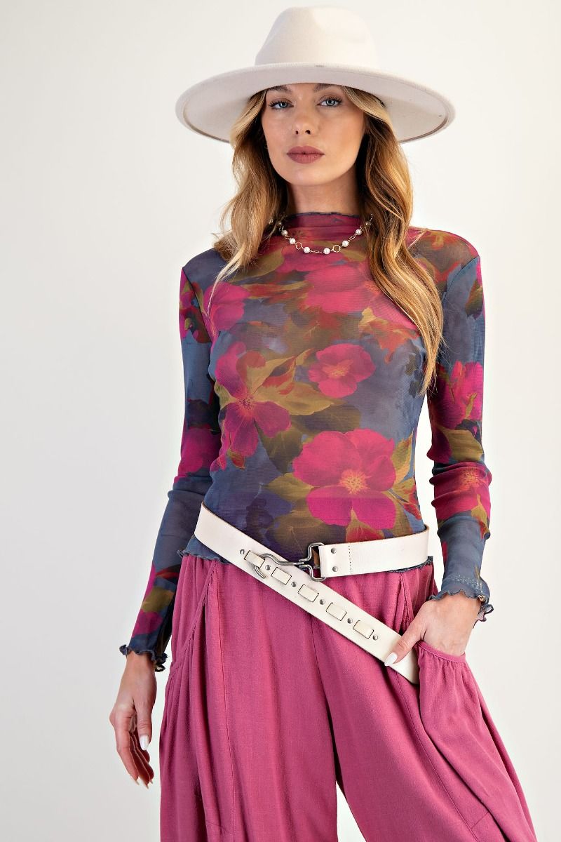 Easel Indigo Magenta Floral Mesh Fitted Top – Sheer Long Sleeve Layering Tee-sheer top-Easel-Deja Nu Boutique, Women's Fashion Boutique in Lampasas, Texas