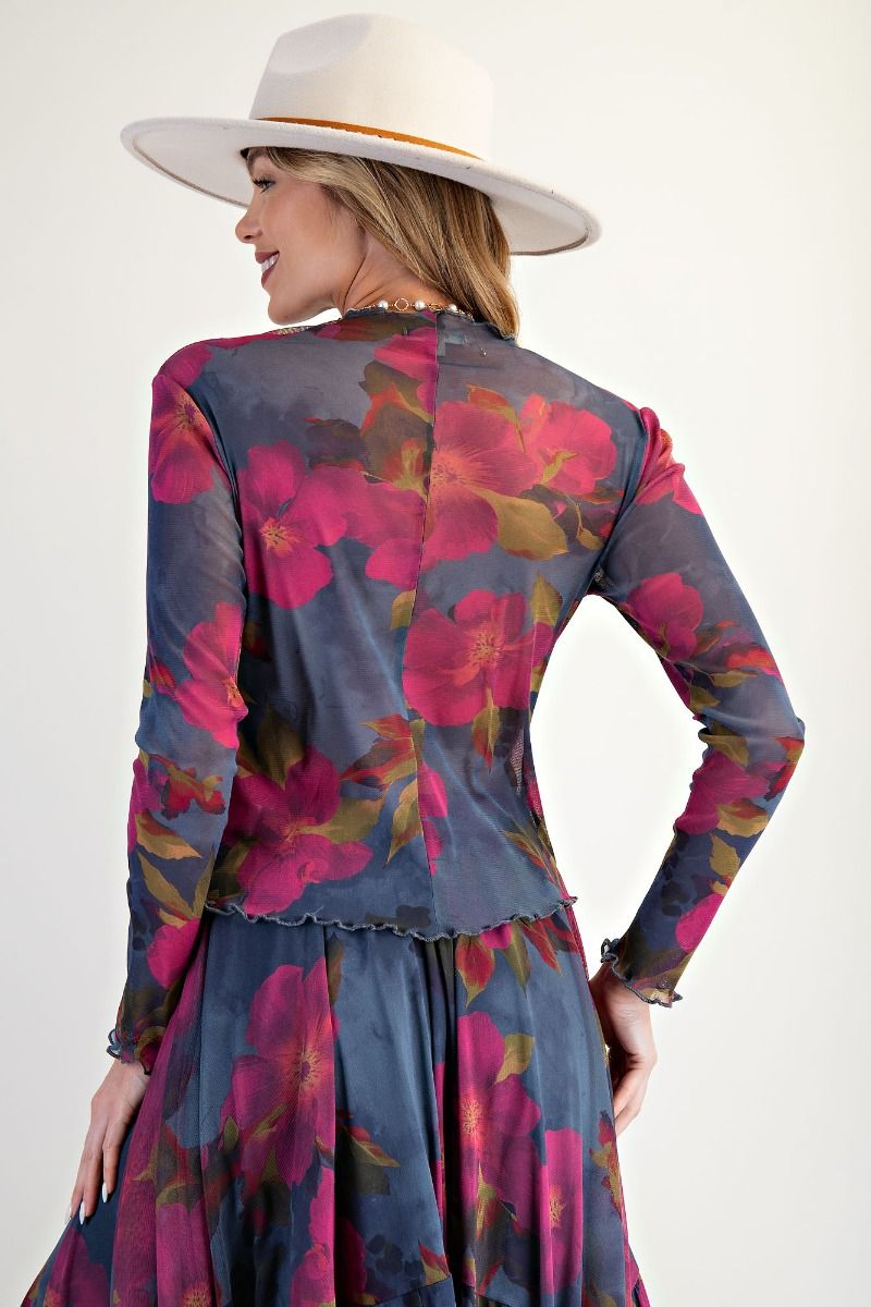 Easel Indigo Magenta Floral Mesh Fitted Top – Sheer Long Sleeve Layering Tee-sheer top-Easel-Deja Nu Boutique, Women's Fashion Boutique in Lampasas, Texas