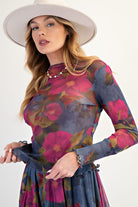 Easel Indigo Magenta Floral Mesh Fitted Top – Sheer Long Sleeve Layering Tee-sheer top-Easel-Deja Nu Boutique, Women's Fashion Boutique in Lampasas, Texas