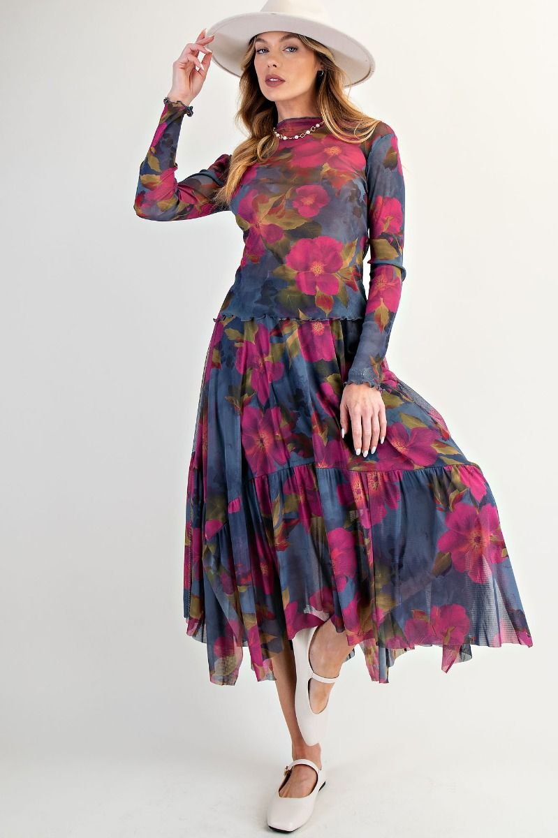 Easel Indigo Magenta Floral Mesh Fitted Top – Sheer Long Sleeve Layering Tee-sheer top-Easel-Deja Nu Boutique, Women's Fashion Boutique in Lampasas, Texas