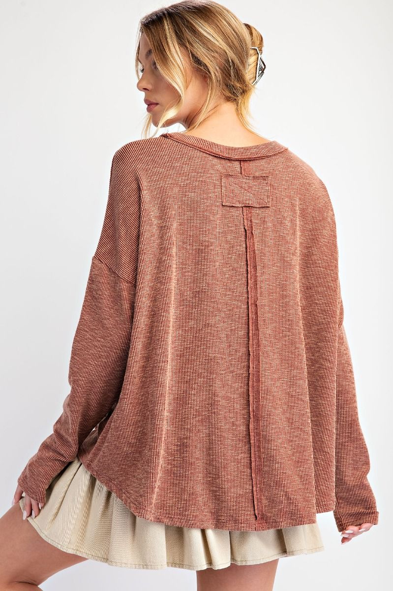 Easel Love Patch Rib Knit Mineral Washed Top In Red Bean-Tops-easel-Deja Nu Boutique, Women's Fashion Boutique in Lampasas, Texas