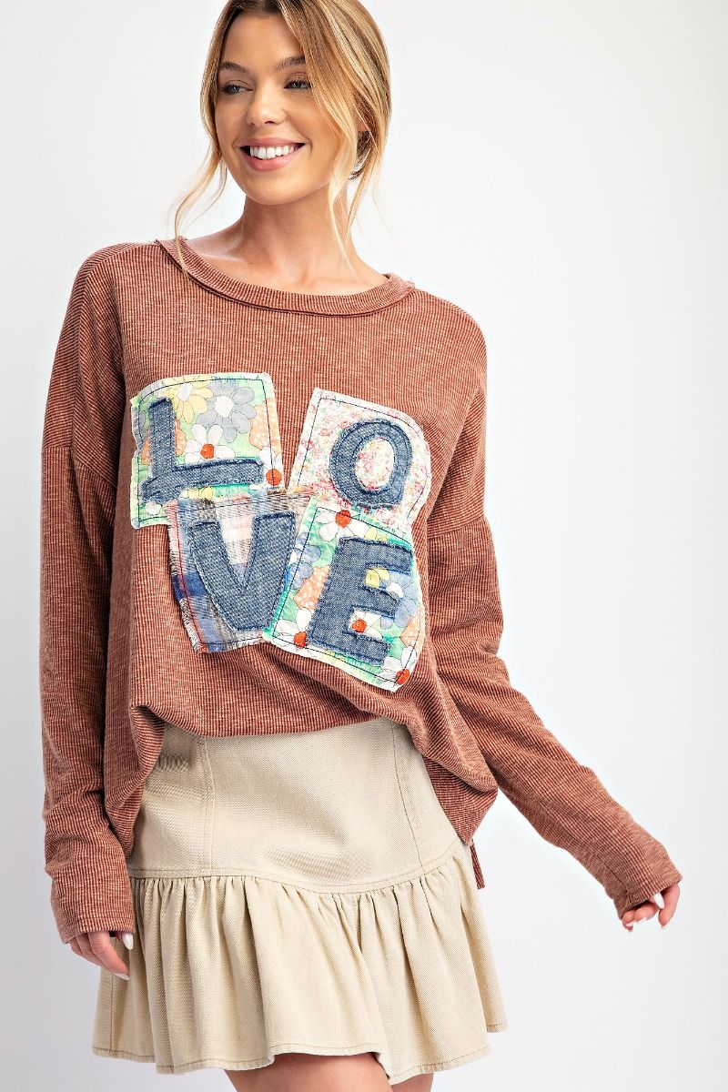 Easel Love Patch Rib Knit Mineral Washed Top In Red Bean-Tops-easel-Deja Nu Boutique, Women's Fashion Boutique in Lampasas, Texas