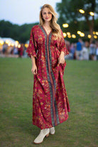 Easel Magenta Border Print Challis Maxi Dress – Wing Sleeve Boho V-Neck Dress with Pockets-Maxi Dresses-Easel-Deja Nu Boutique, Women's Fashion Boutique in Lampasas, Texas