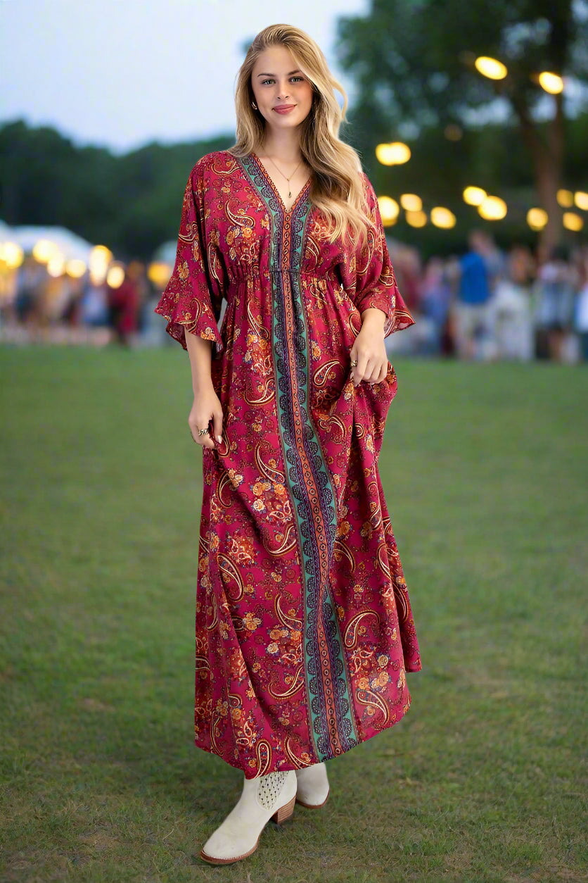 Easel Magenta Border Print Challis Maxi Dress – Wing Sleeve Boho V-Neck Dress with Pockets-Maxi Dresses-Easel-Deja Nu Boutique, Women's Fashion Boutique in Lampasas, Texas