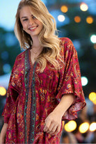 Easel Magenta Border Print Challis Maxi Dress – Wing Sleeve Boho V-Neck Dress with Pockets-Maxi Dresses-Easel-Deja Nu Boutique, Women's Fashion Boutique in Lampasas, Texas