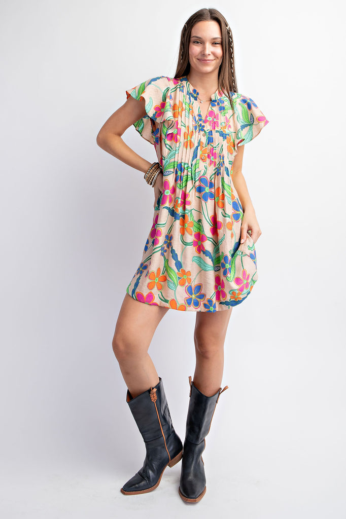 Easel Natural Peach Blossom Ruffle Sleeve Short Dress-Short Dresses-Easel-Deja Nu Boutique, Women's Fashion Boutique in Lampasas, Texas