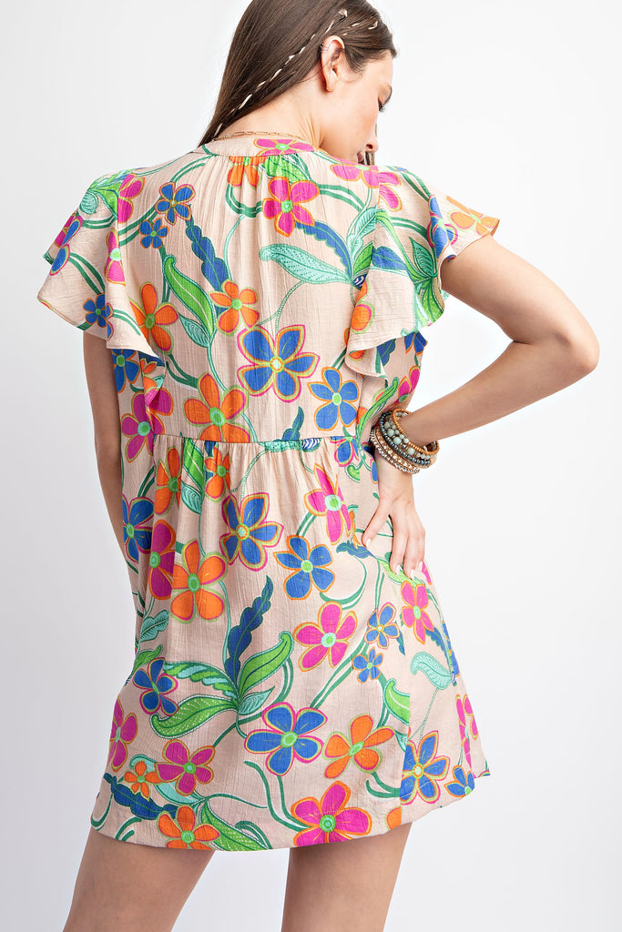 Easel Natural Peach Blossom Ruffle Sleeve Short Dress-Short Dresses-Easel-Deja Nu Boutique, Women's Fashion Boutique in Lampasas, Texas