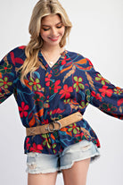 Easel Navy Peach Blossom Floral Gauze Top Plus-Curvy/Plus Tops-easel-Deja Nu Boutique, Women's Fashion Boutique in Lampasas, Texas