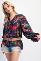 Easel Navy Peach Blossom Floral Gauze Top-Tops-Easel-Deja Nu Boutique, Women's Fashion Boutique in Lampasas, Texas